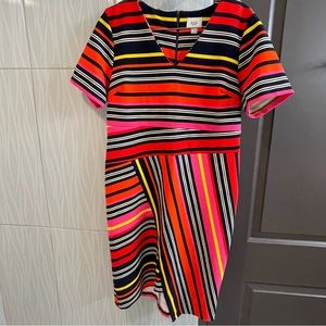 Orange, Navy, Yellow, Pink, White Stripped knit zip up dress.